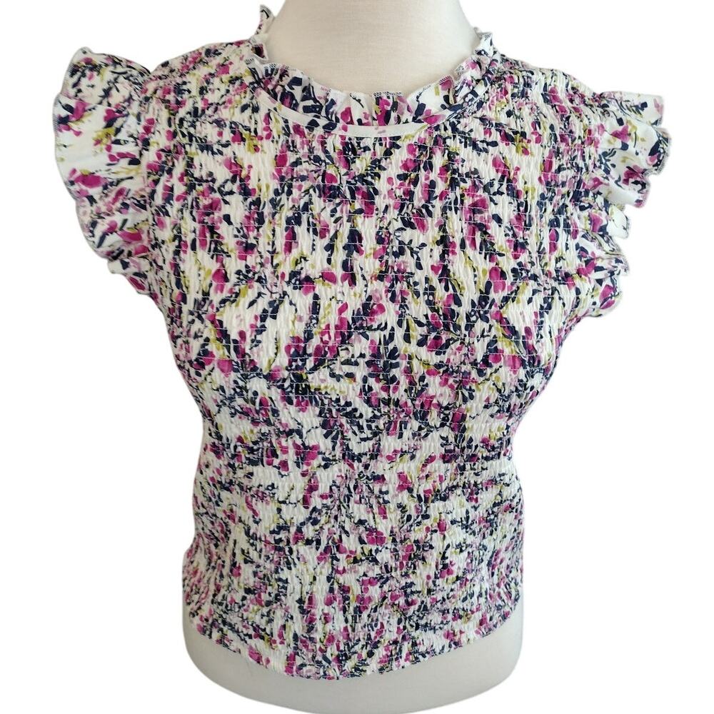French Connection | Floral Ruffle Cap-Sleeve Smocked Top 100% Cotton